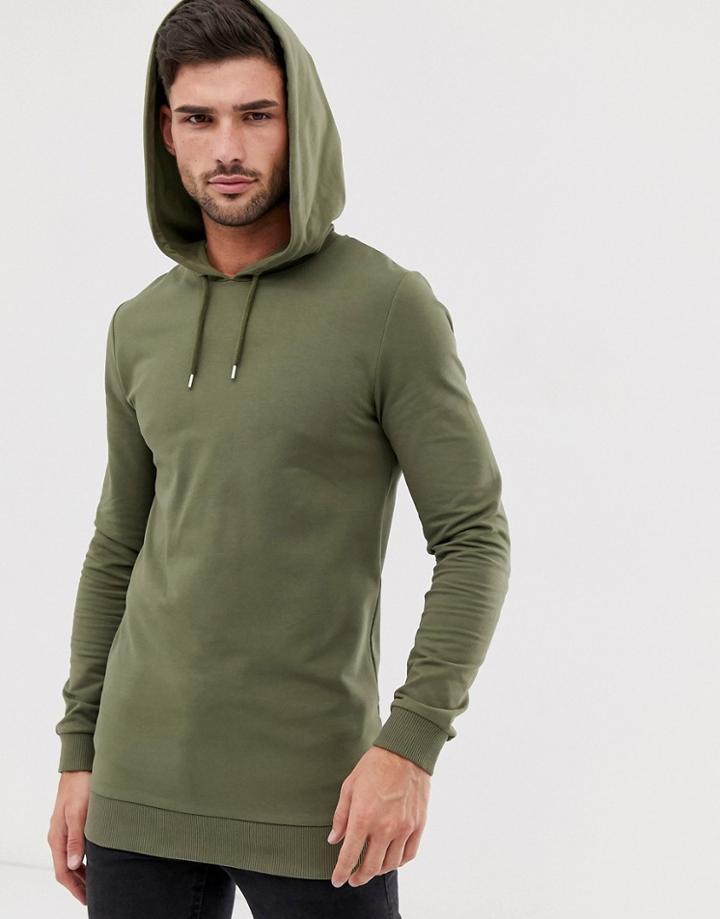 Asos Design Muscle Longline Hoodie In Khaki - Green