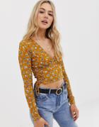 Asos Design Long Sleeve Top In Ditsy Floral Print With Tie Sides - Multi