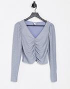 Monki Ruched Front Velvet Top In Blue-blues