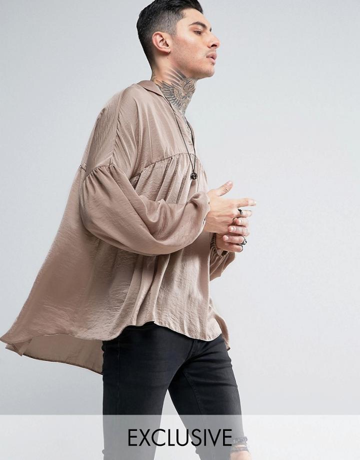 Reclaimed Vintage Inspired Satin Tunic Shirt In Reg Fit - Stone