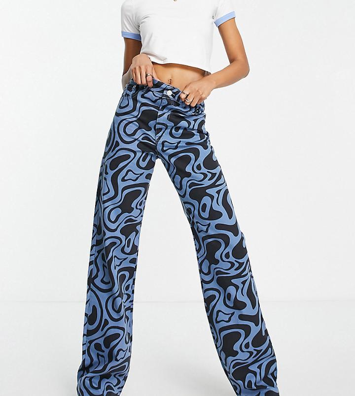 Stradivarius Tall Printed Dad Jeans In Blue Retro Print