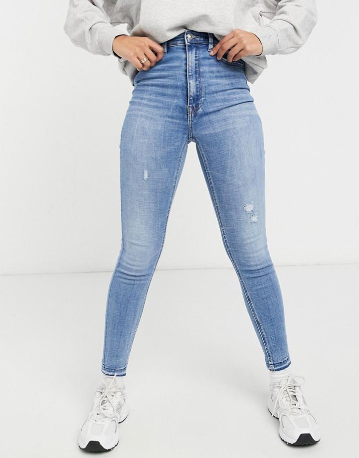 Stradivarius Super High Waist Skinny Jeans In Medium Blue-blues