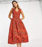 Collusion Shirred Zebra Print Midi Dress In Red