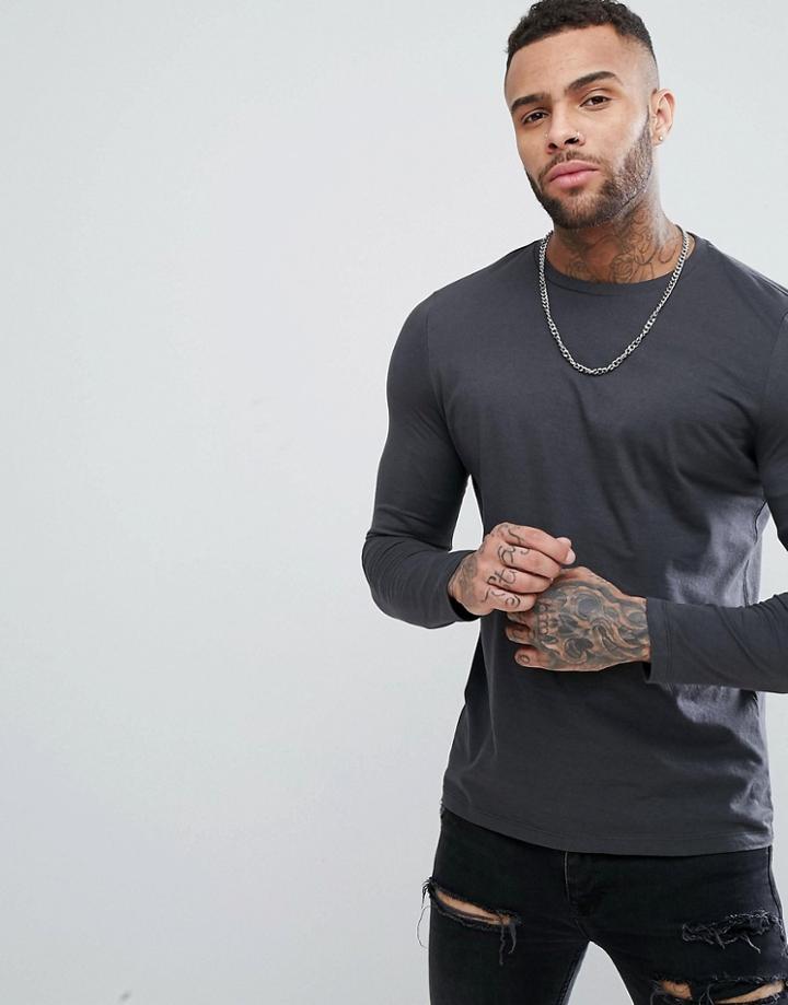 Asos Crew Neck T-shirt With Long Sleeves In Gray - Black