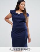 Goddiva Plus Pencil Dress With Bow Detail - Navy