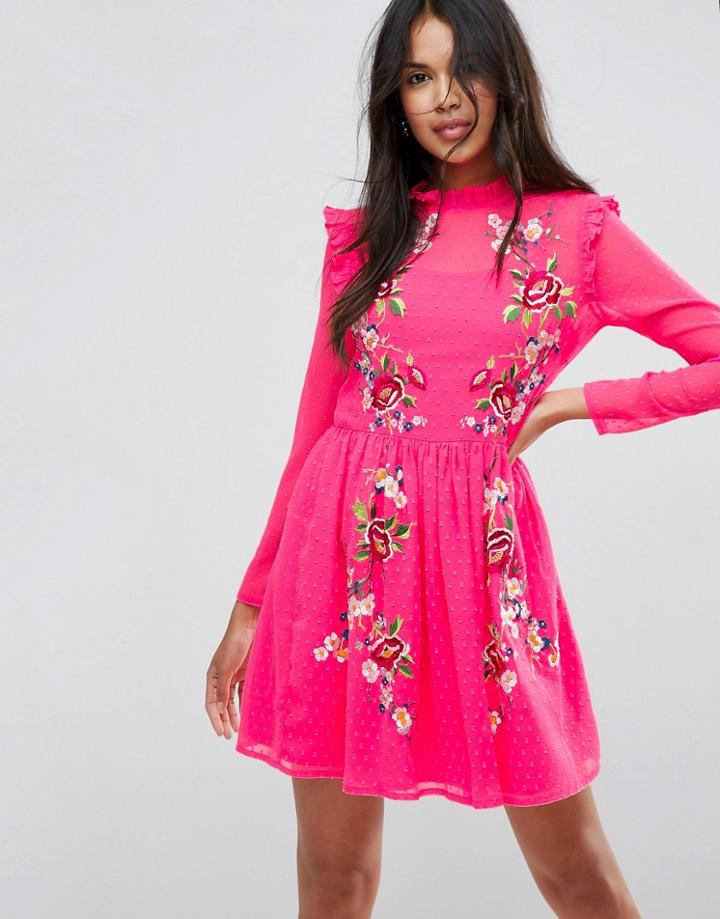 Asos Pretty Embroidered Mini Skater Dress On Dobby - Pink