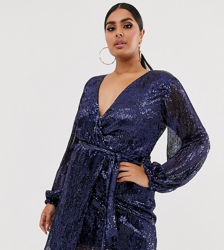 Club L London Plus Sequin Plisse Wrap Front Midi Dress