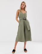 Moon River Spaghetti Strap Jumpsuit With Waist Belt-green