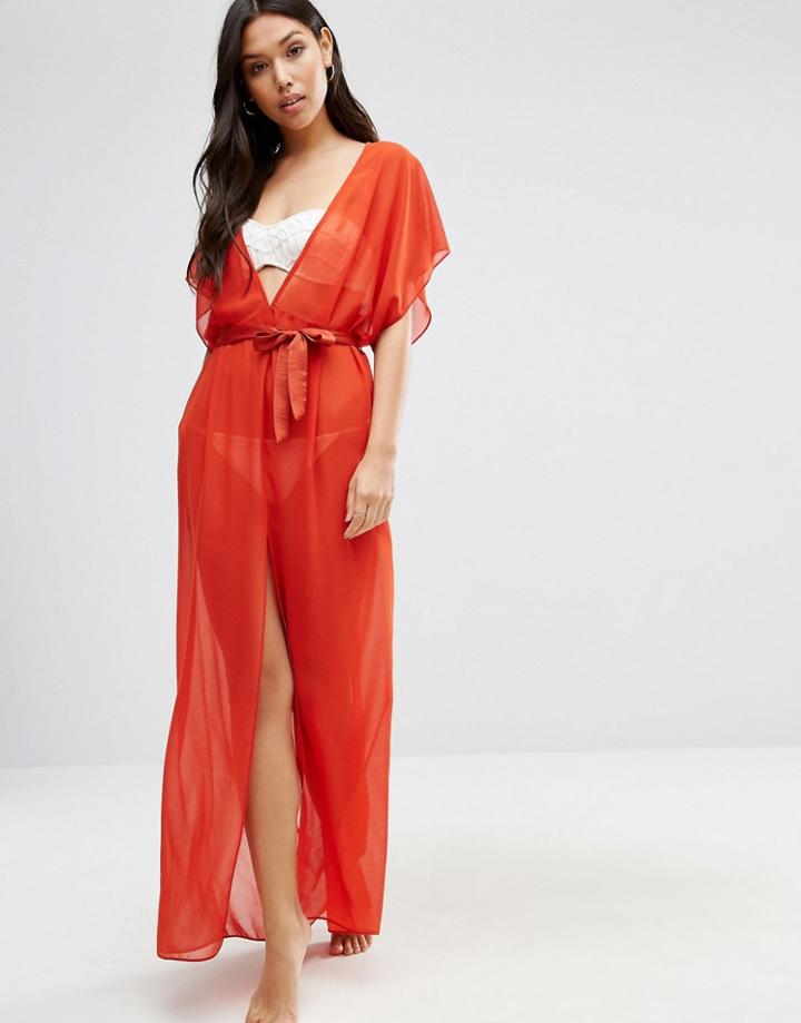 Asos Chiffon Maxi Beach Caftan With Satin Belt - Orange