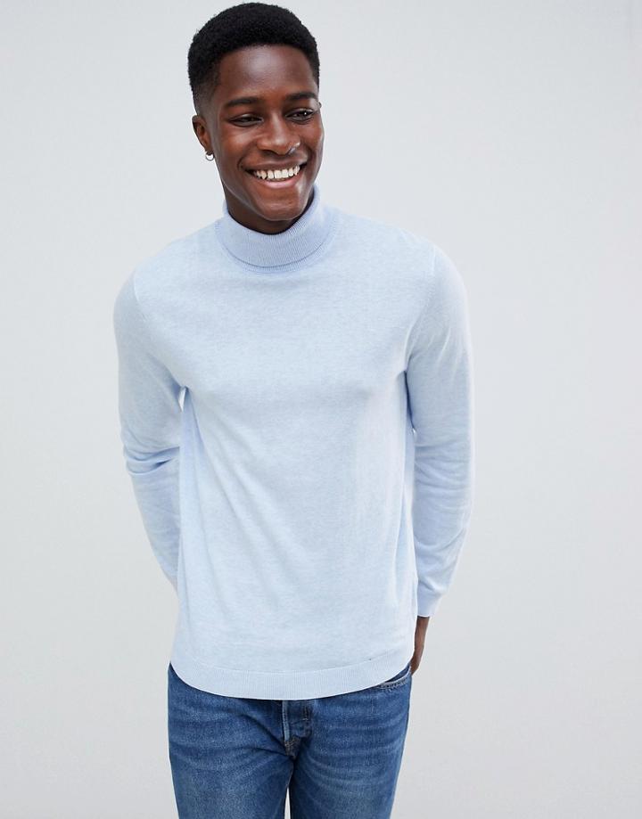 Asos Design Cotton Roll Neck Sweater In Pale Blue