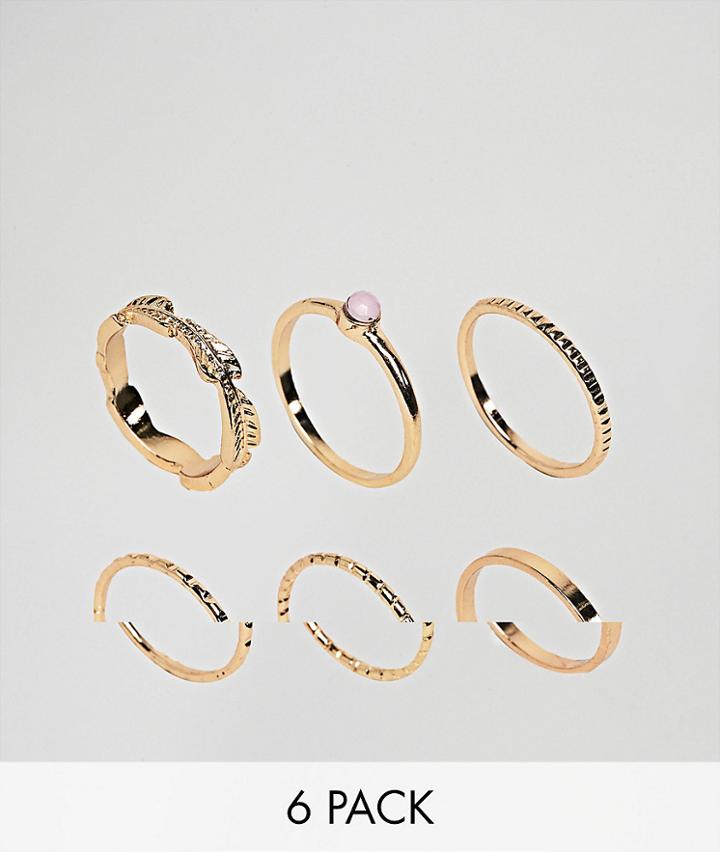 Asos Design Pack Of 6 Feather Band And Faux Rose Quartz Rings - Gold