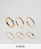 Asos Design Pack Of 6 Feather Band And Faux Rose Quartz Rings - Gold