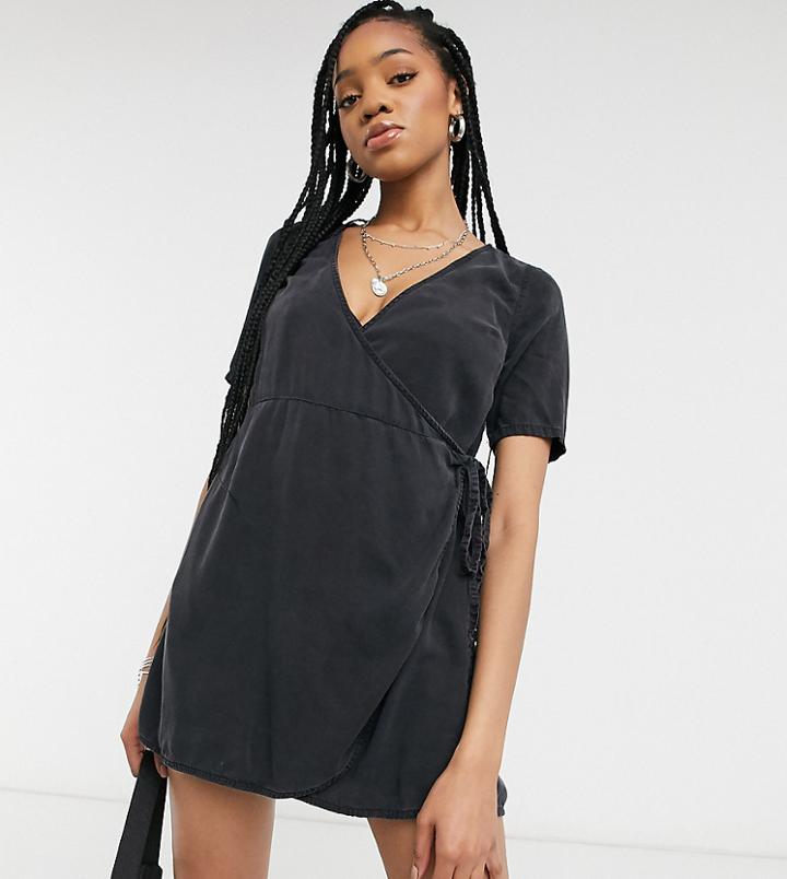 Asos Design Tall Soft Denim Wrap Smock Dress In Black