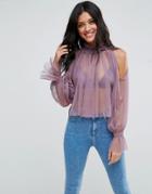 Asos Cold Shoulder Top In Mesh With High Neck & Puff Sleeve - Purple