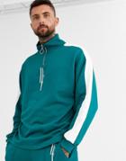 Asos Design Two-piece Oversized Sweatshirt With Half Zip In Deep Green With Dark Future Logo Print & Side Stripe