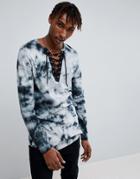 Asos Longline Long Sleeve T-shirt With Lace Up Neck In Tie Dye - Gray