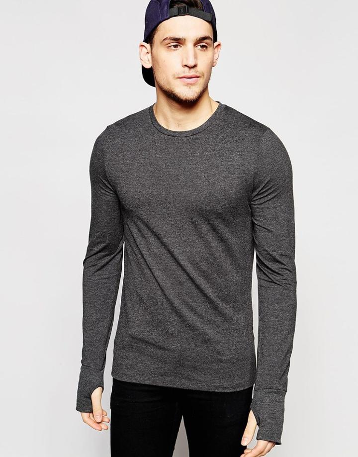 Asos Muscle Long Sleeve T-shirt With Thumbholes In Gray - Gray