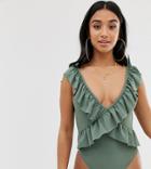 Asos Design Recycled Petite Frill Wrap Plunge Swimsuit With Bunny Tie Detail In Khaki-green