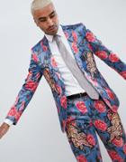 Asos Edition Skinny Suit Jacket In Blue Floral Print With Tiger Patches - Blue