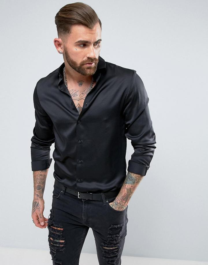Asos Regular Fit Sateen Shirt In Black - Black