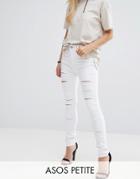 Asos Petite Ridley Full Length High Waist Skinny Jeans In White With Shredded Rips - White