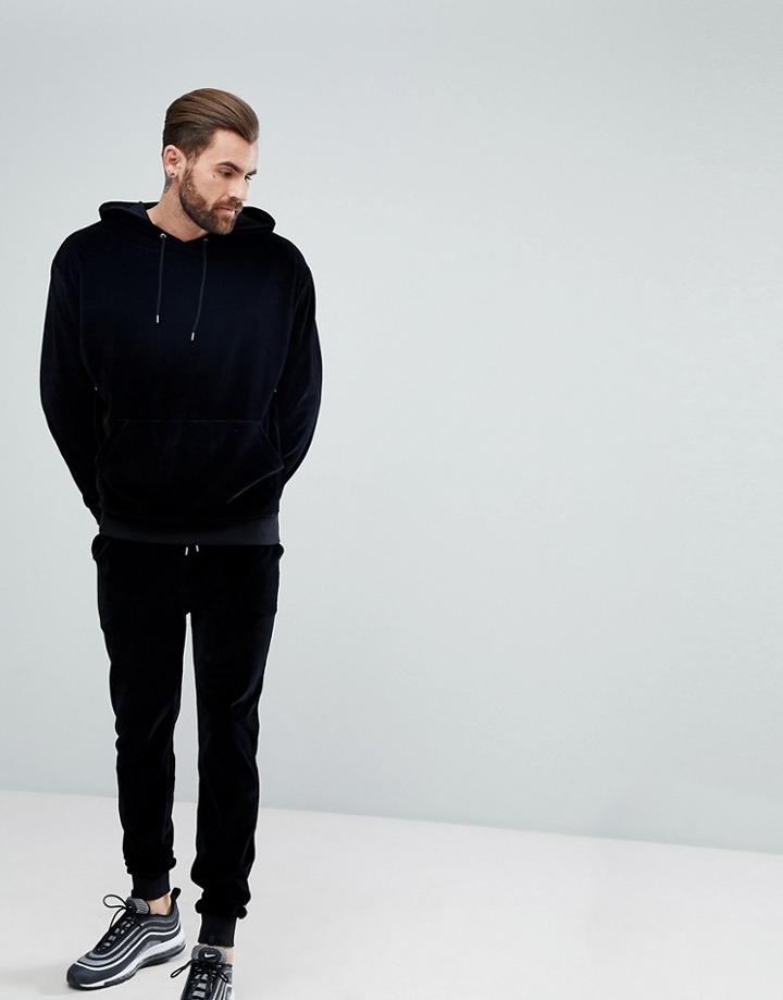 Asos Tracksuit Set Oversized Hoodie/ Skinny Jogger In Velour - Black