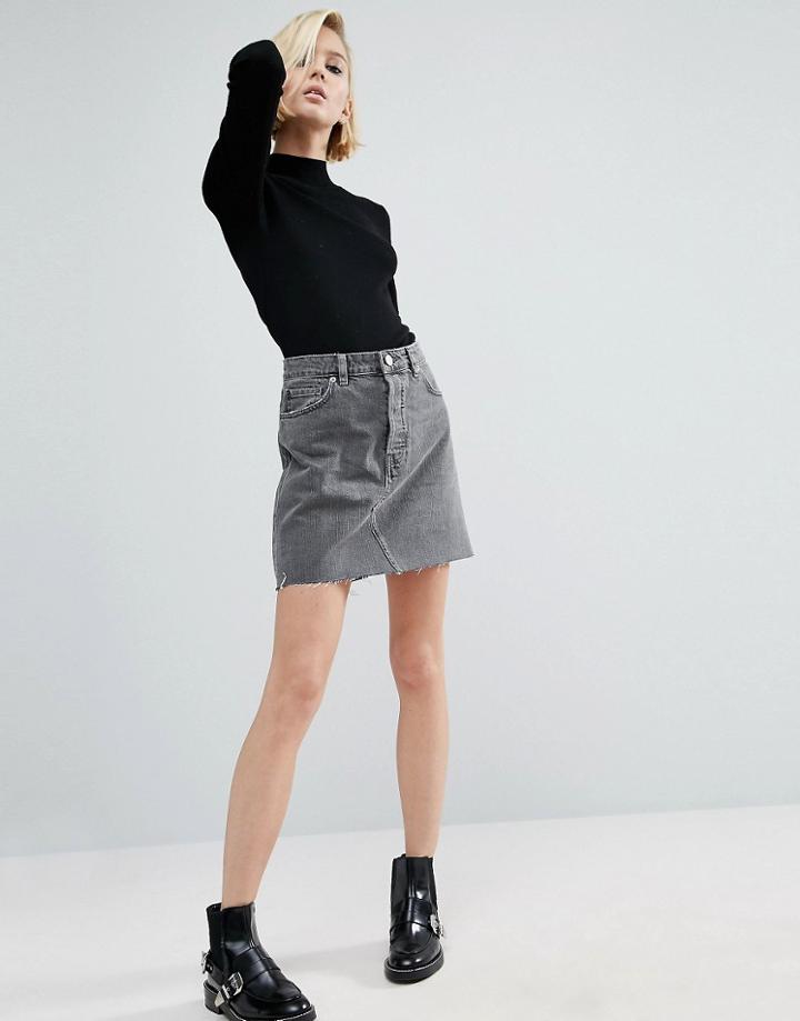 Asos Denim High Rise Pelmet Skirt In Ruthless Gray Wash With Raw Hem - Gray