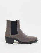 Asos Design Cuban Heel Western Chelsea Boot In Gray Faux Suede With Square Toe With Metal Cap-grey