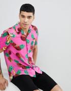 Religion Short Sleeve Revere Shirt With Pinapple Print - Pink