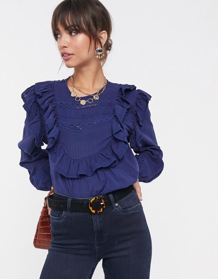 Asos Design Long Sleeve Top With Ruffle And Lace Insert-no Color