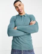 New Look Muscle Fit Long Sleeve Polo In Dark Green