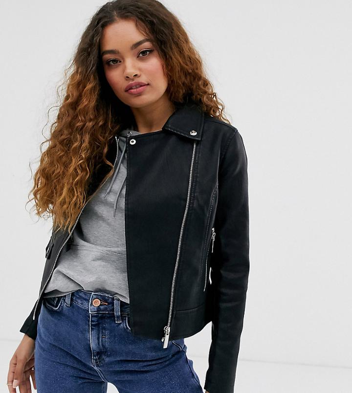 New Look Petite Leather Look Biker Jacket In Black