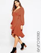 Asos Curve Midi Dress With 70's Blouson Sleeve And Wrap Front - Black