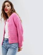 Asos Design Cropped Cardigan With Gold Buttons - Pink