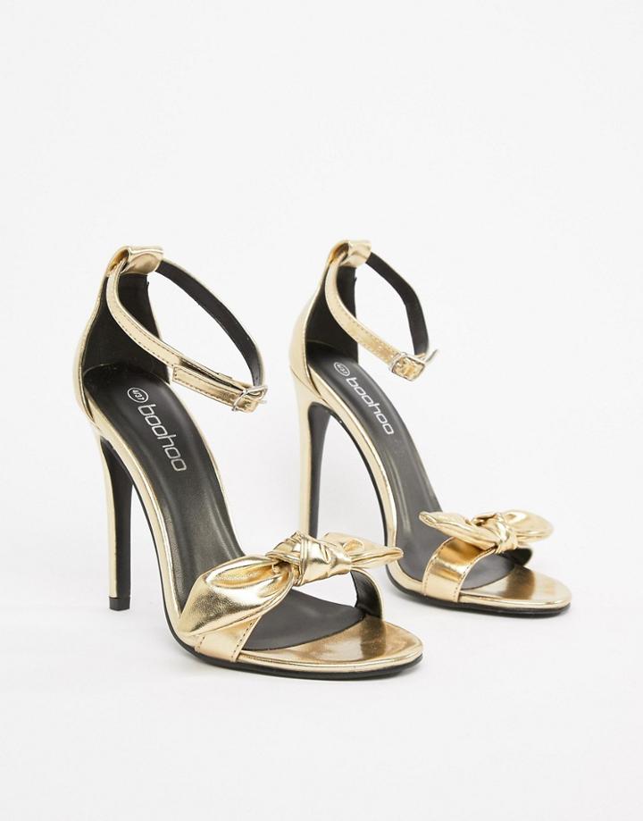 Boohoo Bow Detail Heeled Sandals In Gold - Gold