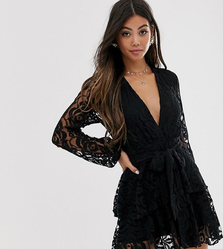 John Zack Petite Plunge Front Lace Skater Dress In Black - Black