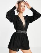 River Island Lace Volume Sleeved Beach Romper In Black