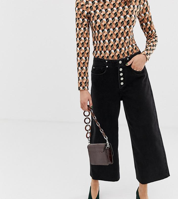 River Island Wide Leg Culottes With Button Front In Black Denim - Black