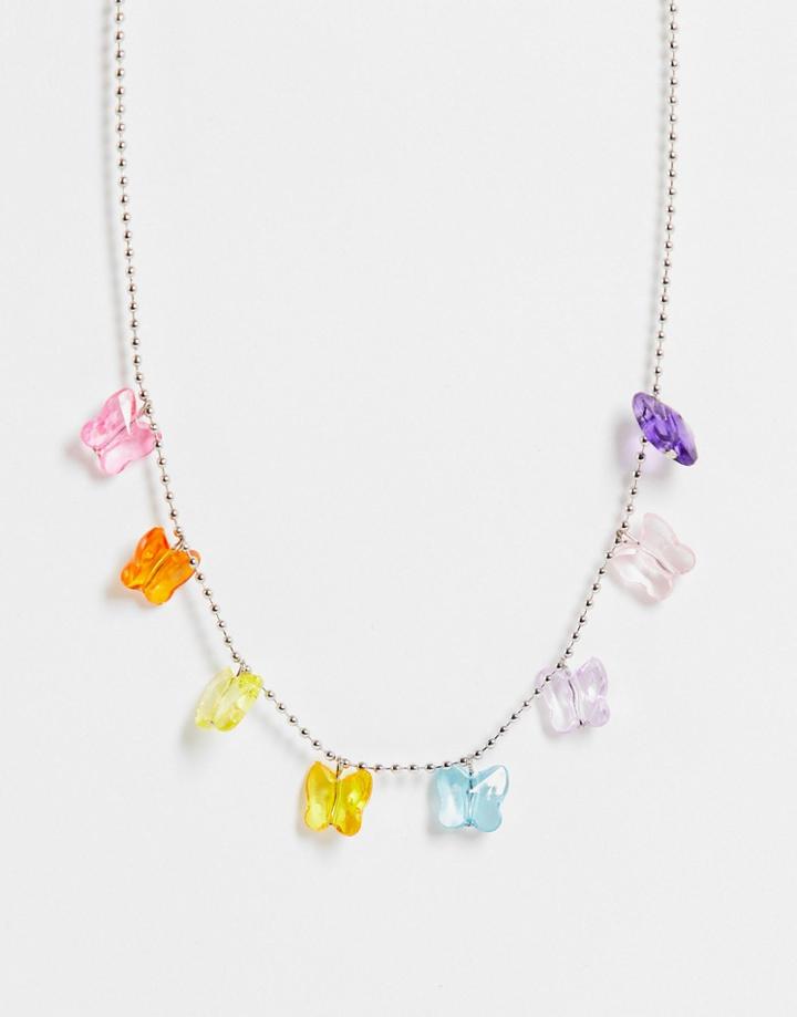 Asos Design Necklace With Plastic Butterfly Charms In Silver Tone