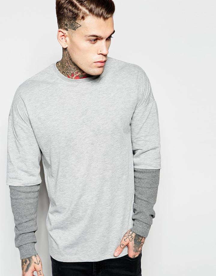 Asos Oversized Long Sleeve T-shirt With Waffle Double Layer Sleeves - Gray