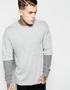 Asos Oversized Long Sleeve T-shirt With Waffle Double Layer Sleeves - Gray