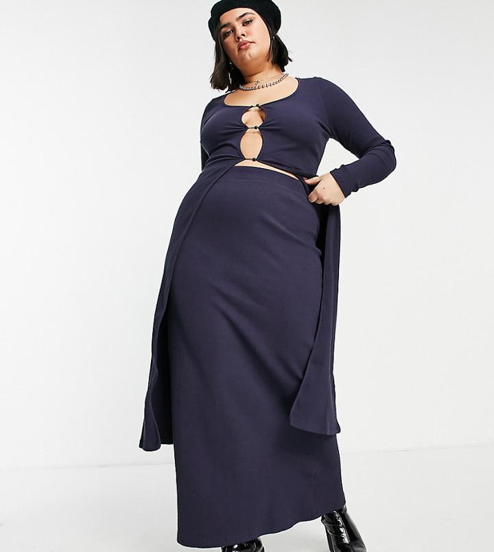 Asos Design Curve Tri-ord Rib Column Maxi Skirt-blues