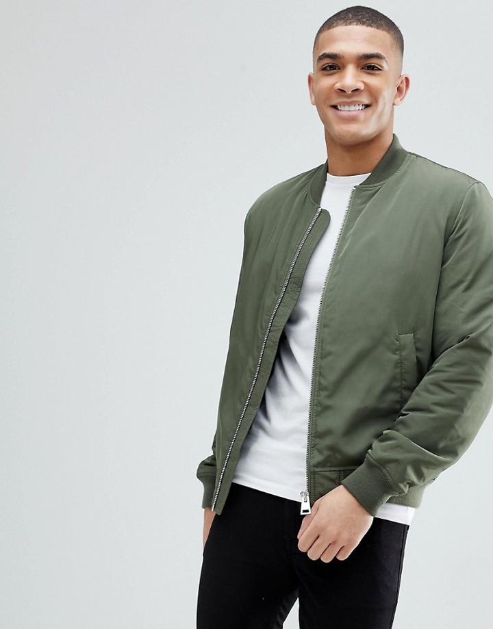 Asos Padded Bomber Jacket In Khaki - Green