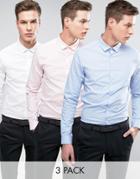 Asos Skinny Shirt 3 Pack In White Blue And Pink Save - Multi