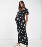 Asos Design Maternity Square Neck Midi Dress With Elastic Detail In Mono Floral Print-multi