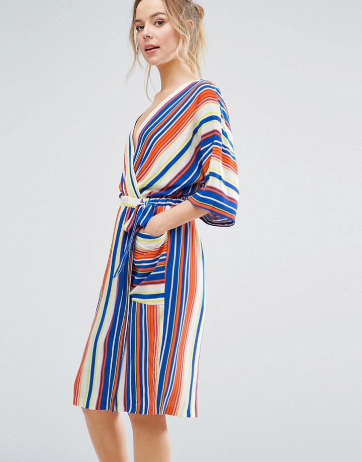 Closet London Kimono Sleeve Striped Wrap Dress - Multi