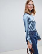 Brave Soul Tulip High Neck Blouse In Crushed Satin - Blue
