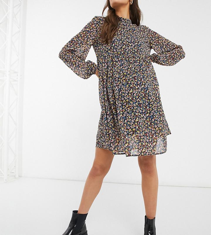 Pieces Maternity Mini Smock Dress With Volume Sheer Sleeve In Ditsy Floral-multi