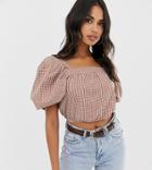 Bohooo Puff Sleeve Crop Top In Gingham - Multi
