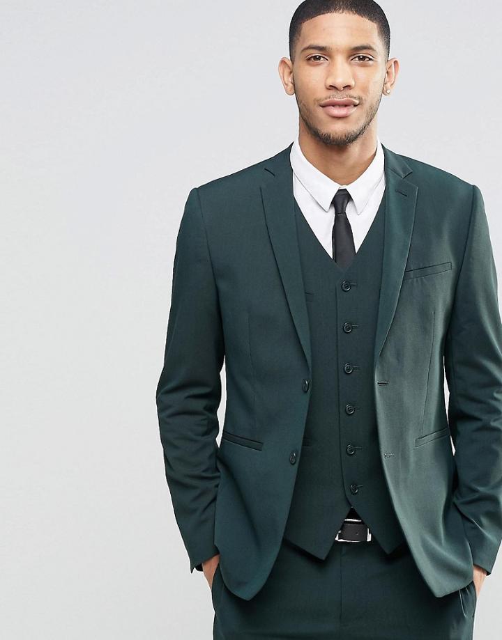 Asos Slim Suit Jacket With Stretch In Dark Green - Green